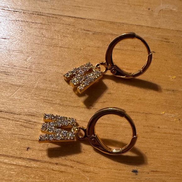Gold Tone Huggie Rhinestone M Earrings - Picture 3 of 5